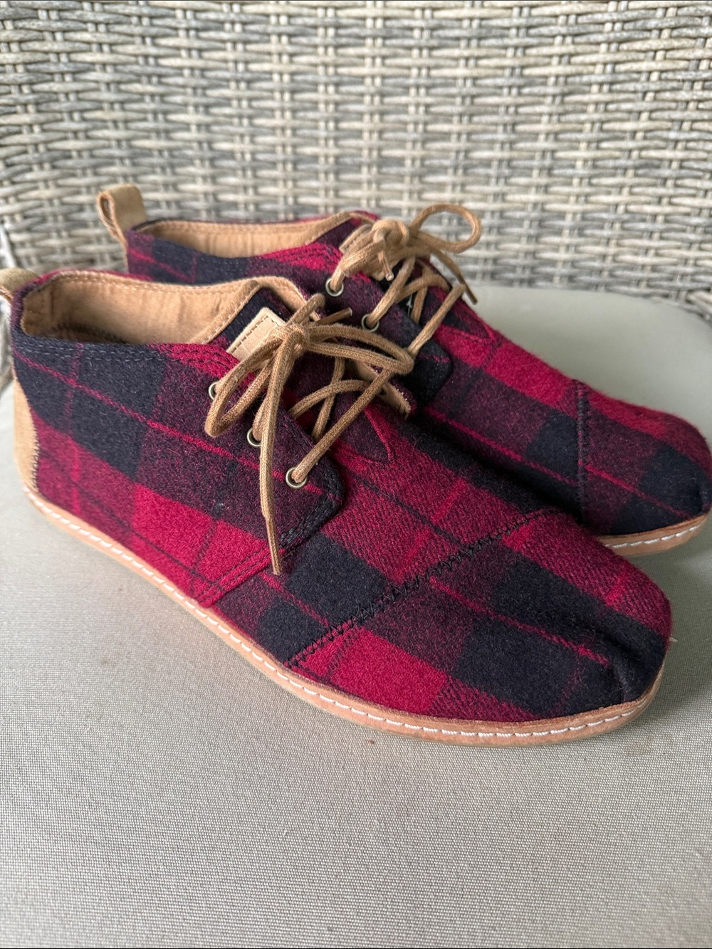 Toms Men’s Red and Black Buffalo Plaid Chukka Boots with Tan Laces